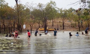 Scouts playing in dam